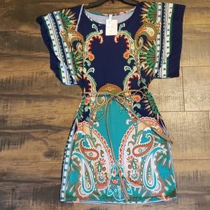 Navy patterned fitted dress with belt